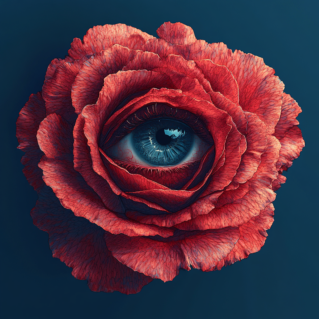 A red rose with a human eye in the center.