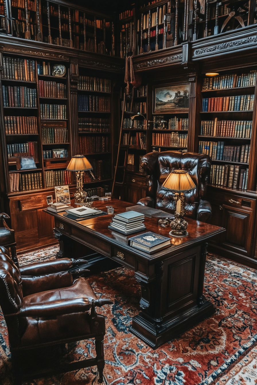 A regal library with leather-bound books and soft lamp light.