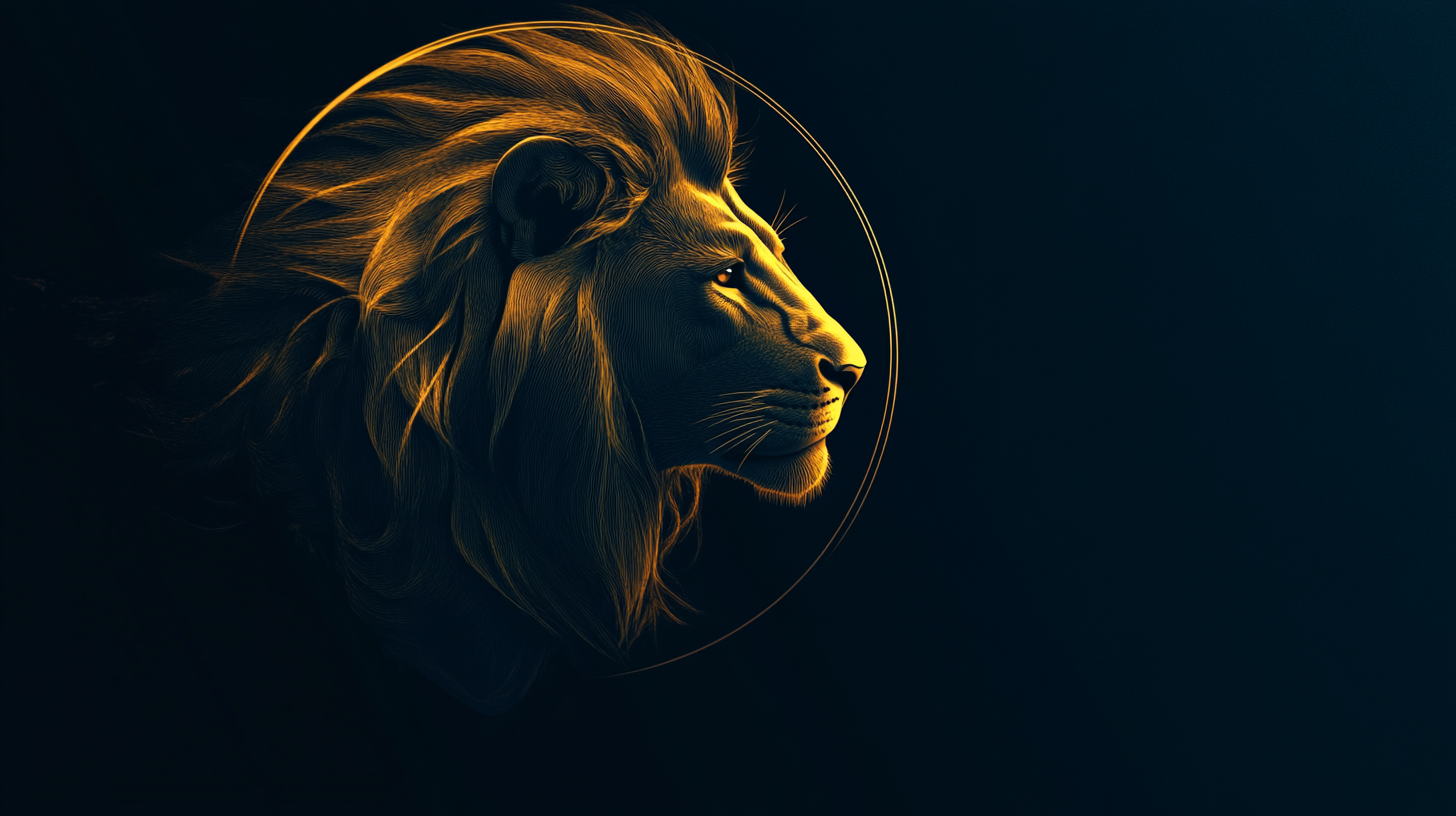 A regal lion on yellow and blue background.