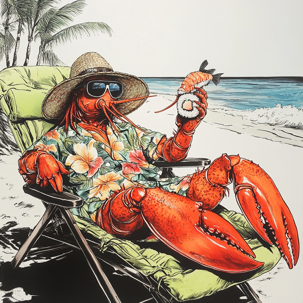 A relaxed lobster enjoys sushi at the beach