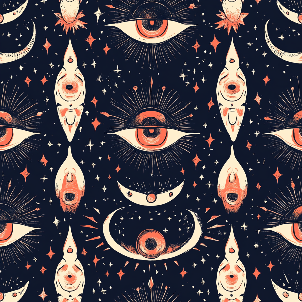 A repetitive pattern with mystical symbols like pentacles, eyes, moons, and skeletal hands