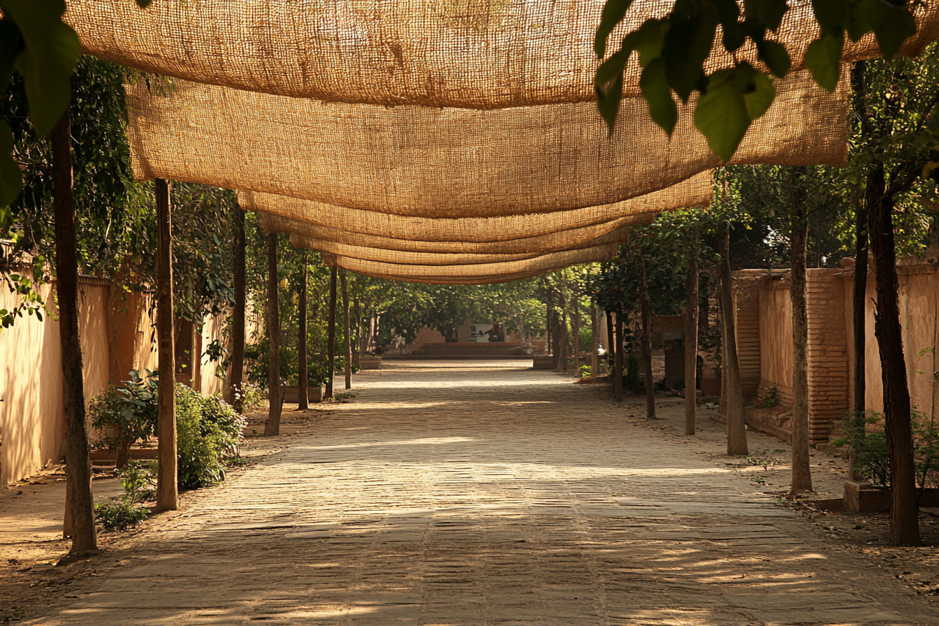 A road in temple with jute sun shades