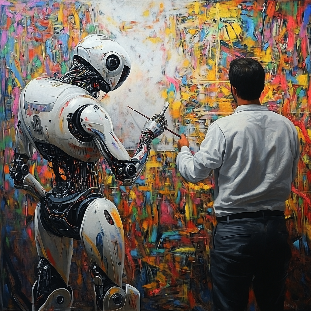 A robot behind a painting, man painting colorful front.