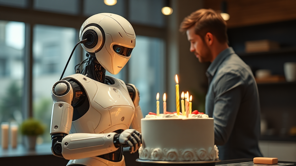 A robot made a birthday cake for man.