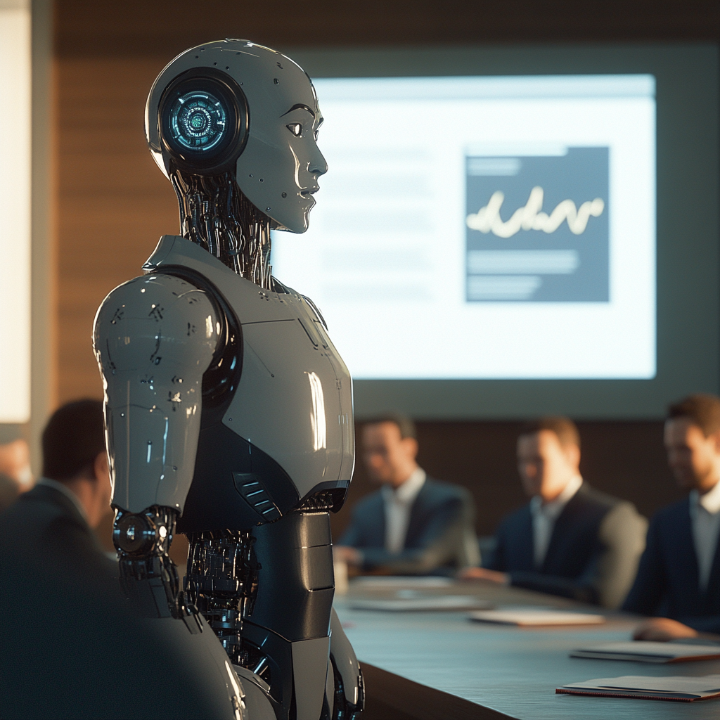 A robot pitching to investors looks confused and panicked.