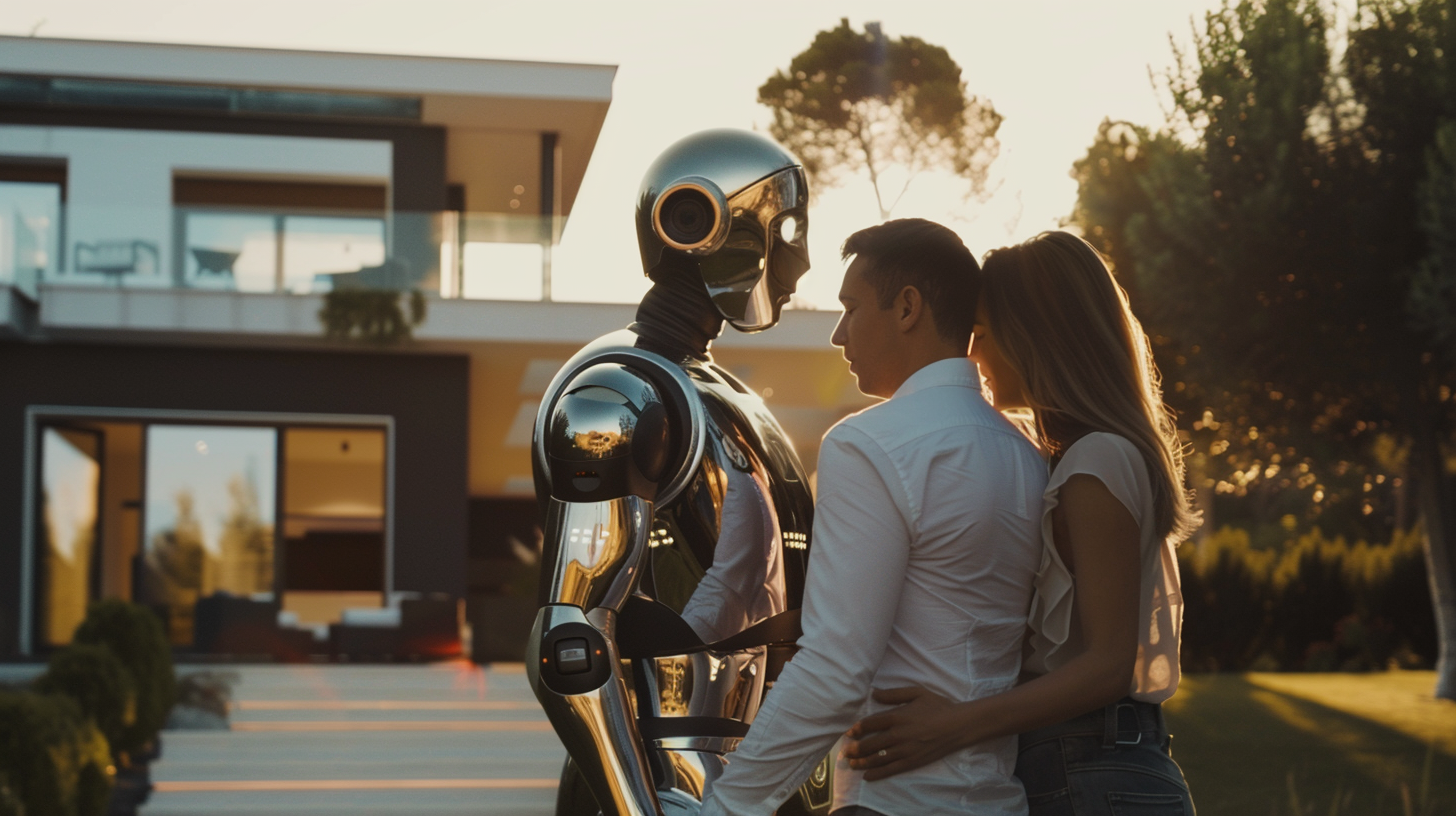 A robot shows couple luxury villa hologram.