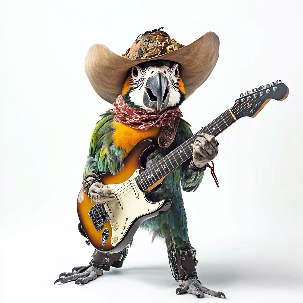 A rockstar parrot with cowboy hat playing guitar.