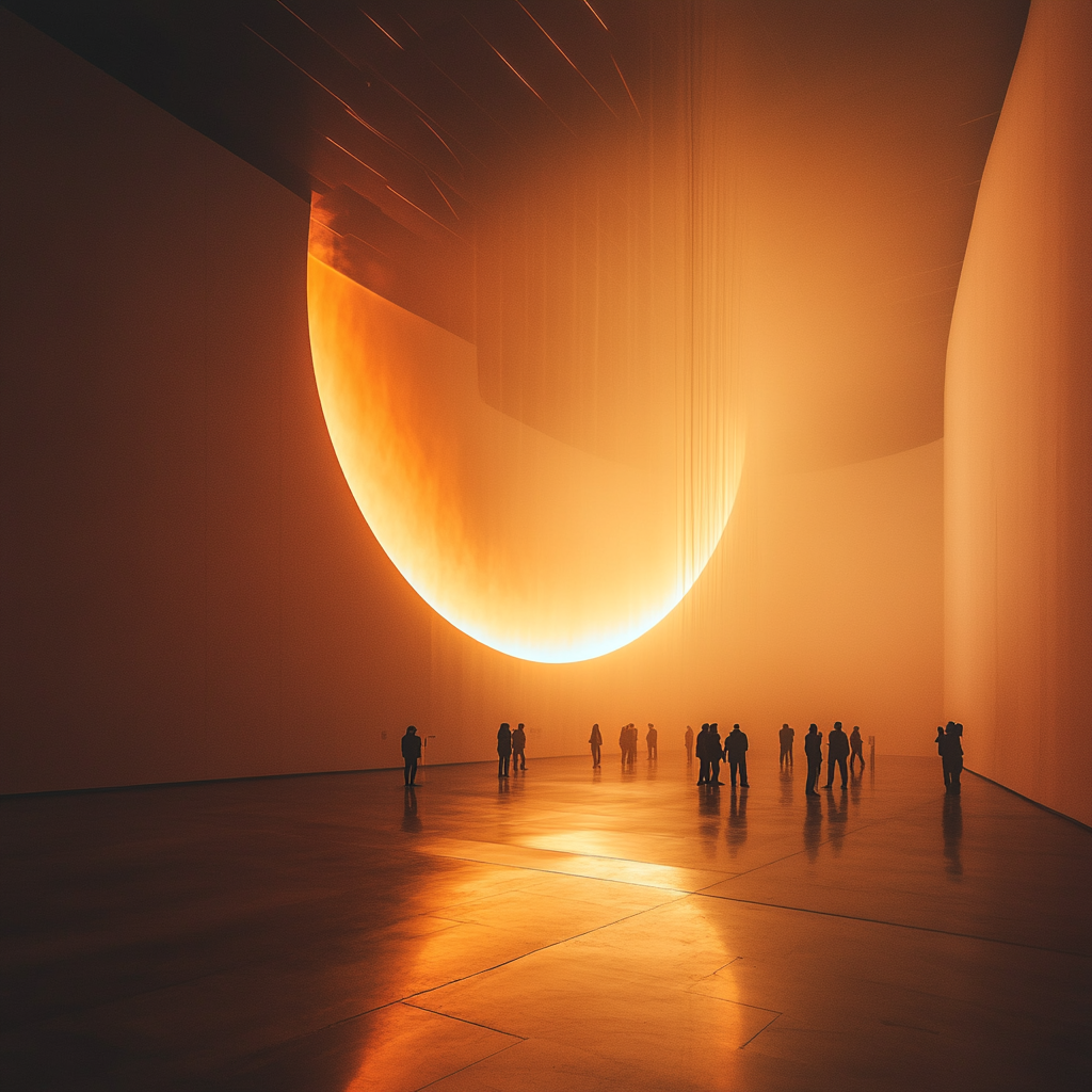 A room in museum with curved walls, light shaft.