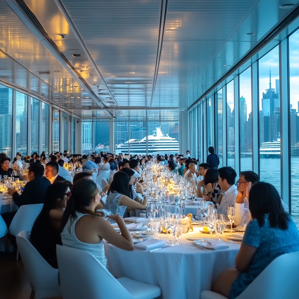 A room with tables and people overlooking NYC river