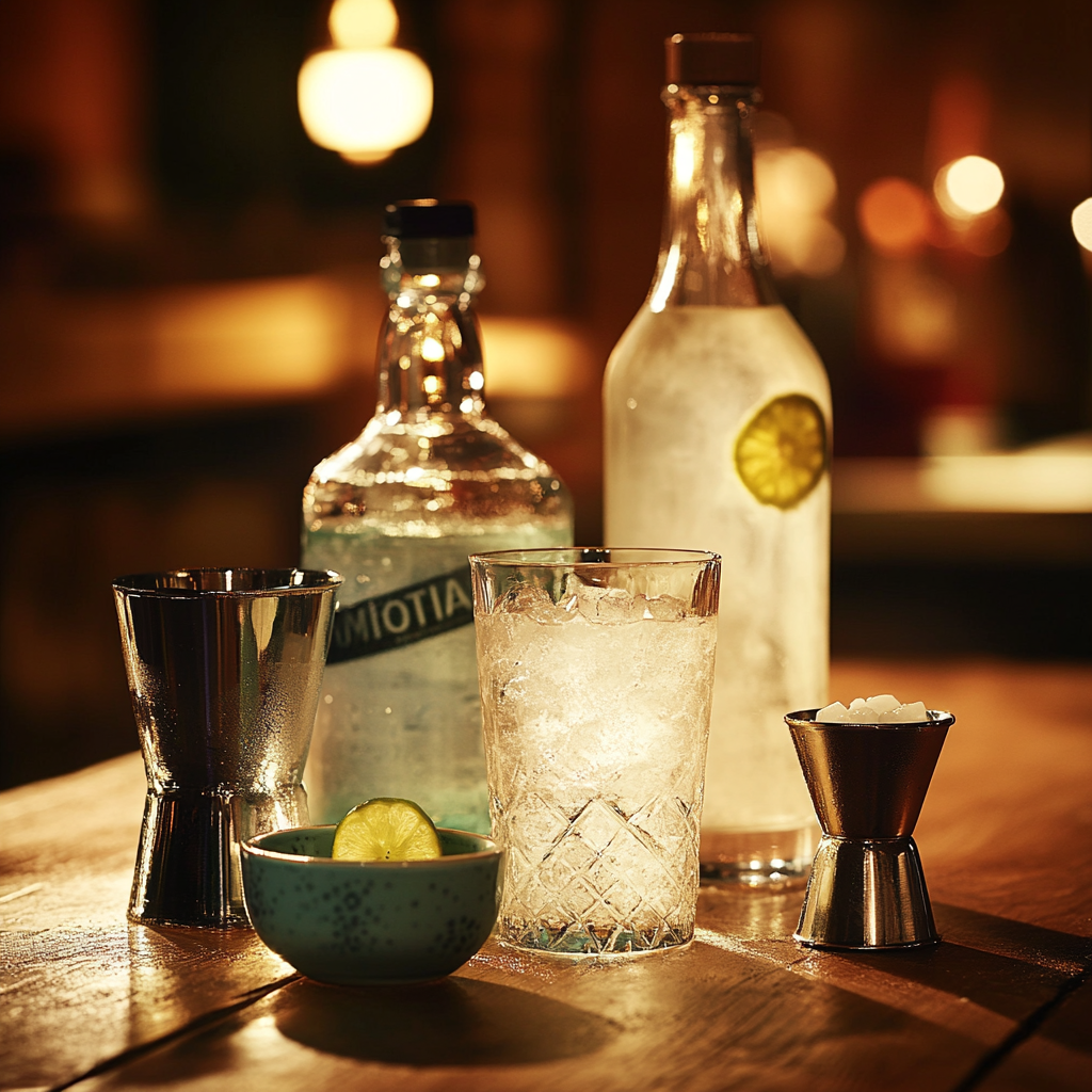 A row of distinct drinks in dimly lit room.