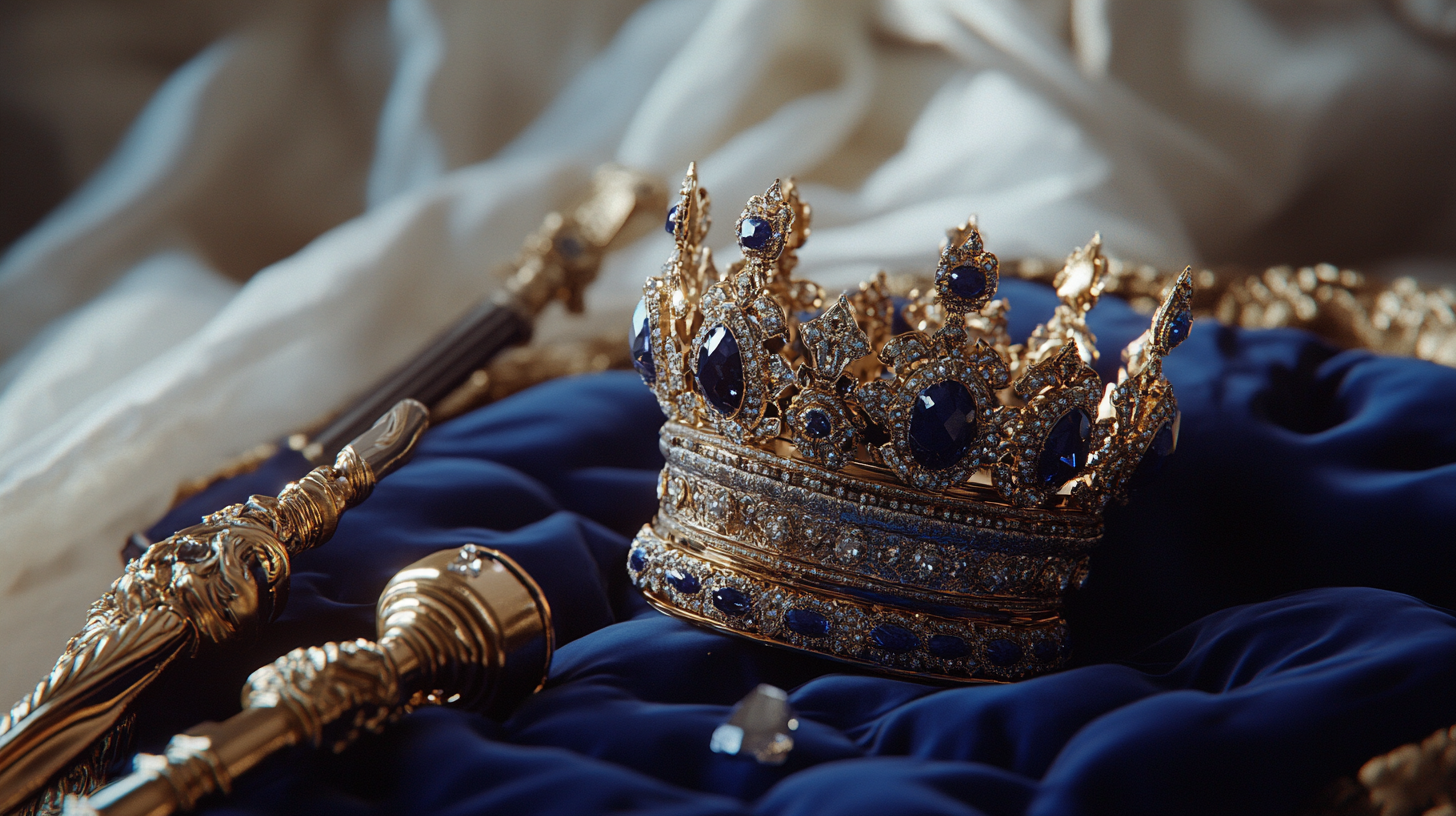 A royal crown on blue cushion with scepter