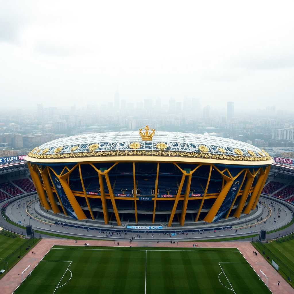 A royal crown-themed football stadium with blue and gold.