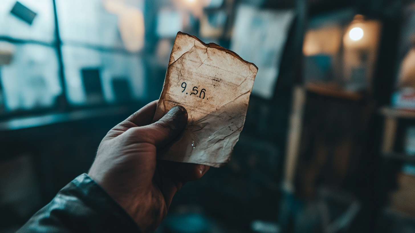 A rugged hand holds a café receipt, faded ink