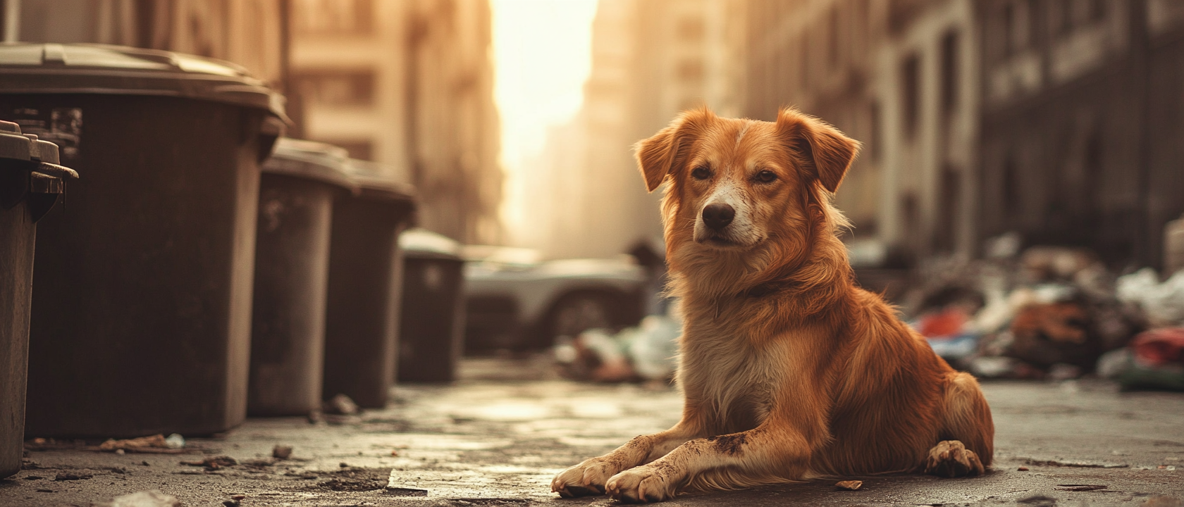 A sad dog in dirty alley with trash.