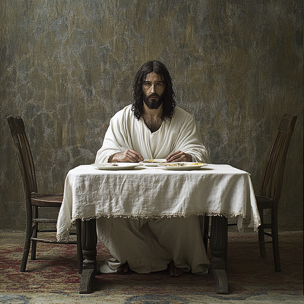 A sadness Jesus sitting at an empty table.