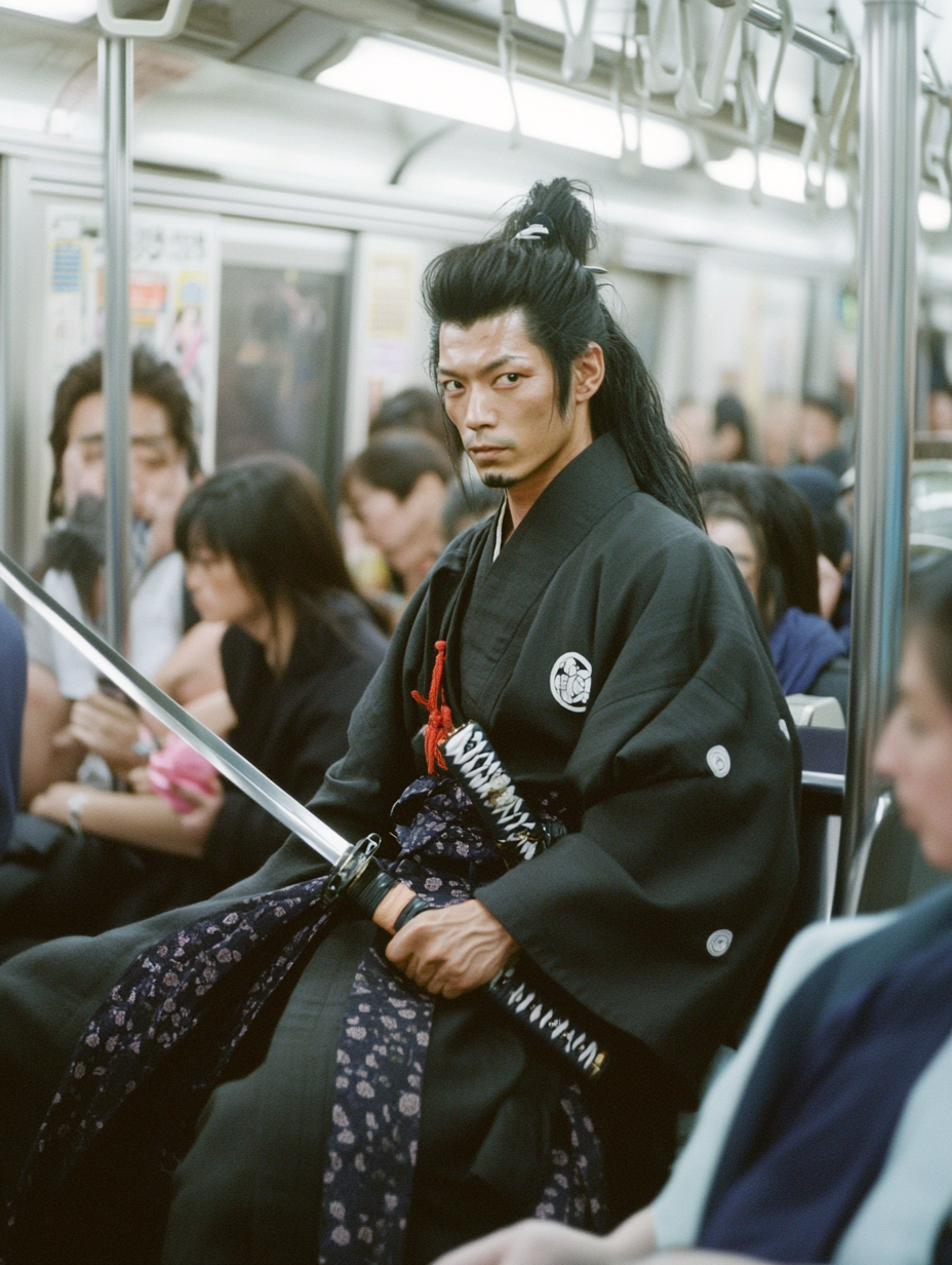 A samurai rides crowded Tokyo subway, passengers curious