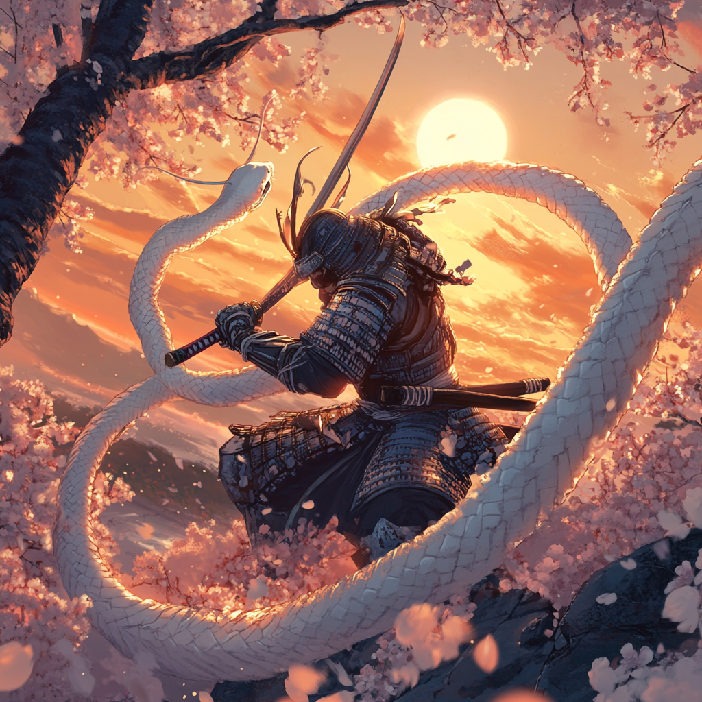 A samurai with white snakes swings sword at sunset