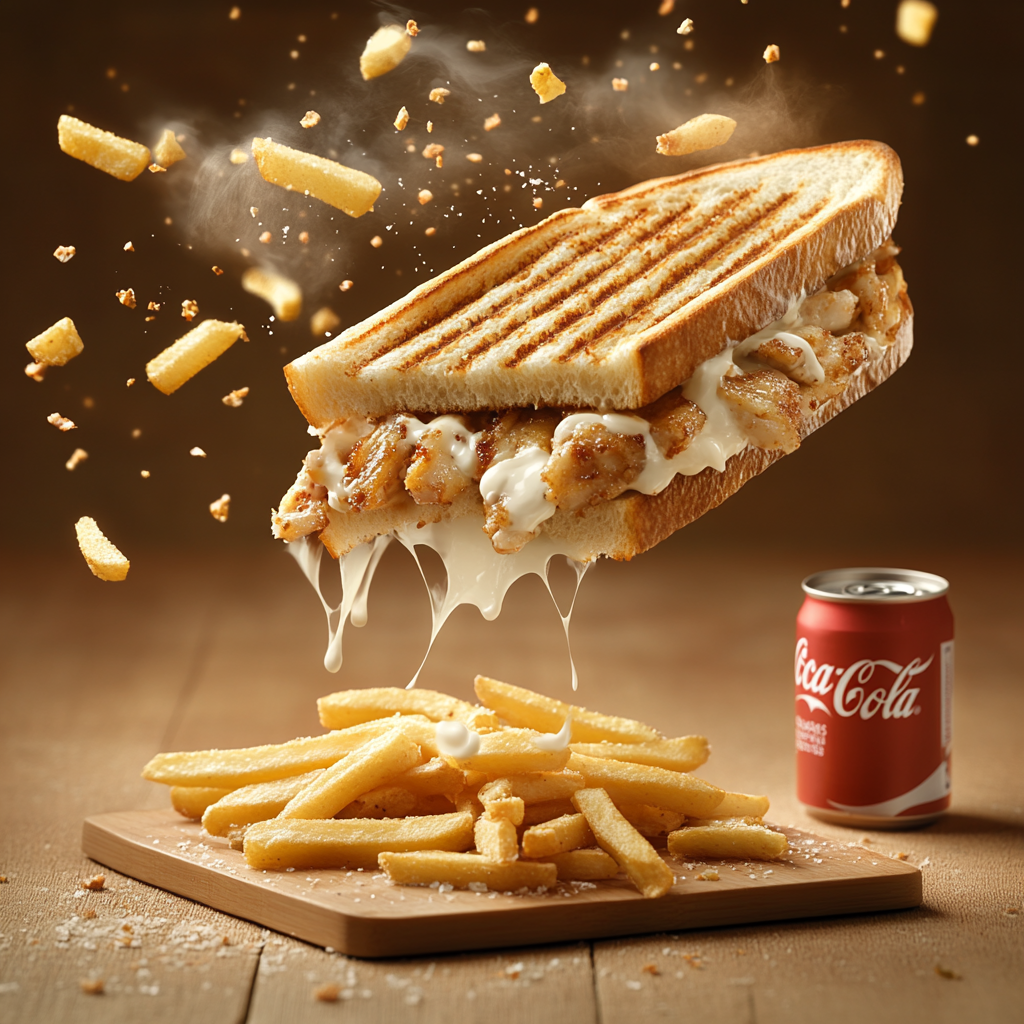 A sandwich with chicken, fries & white sauce flying.