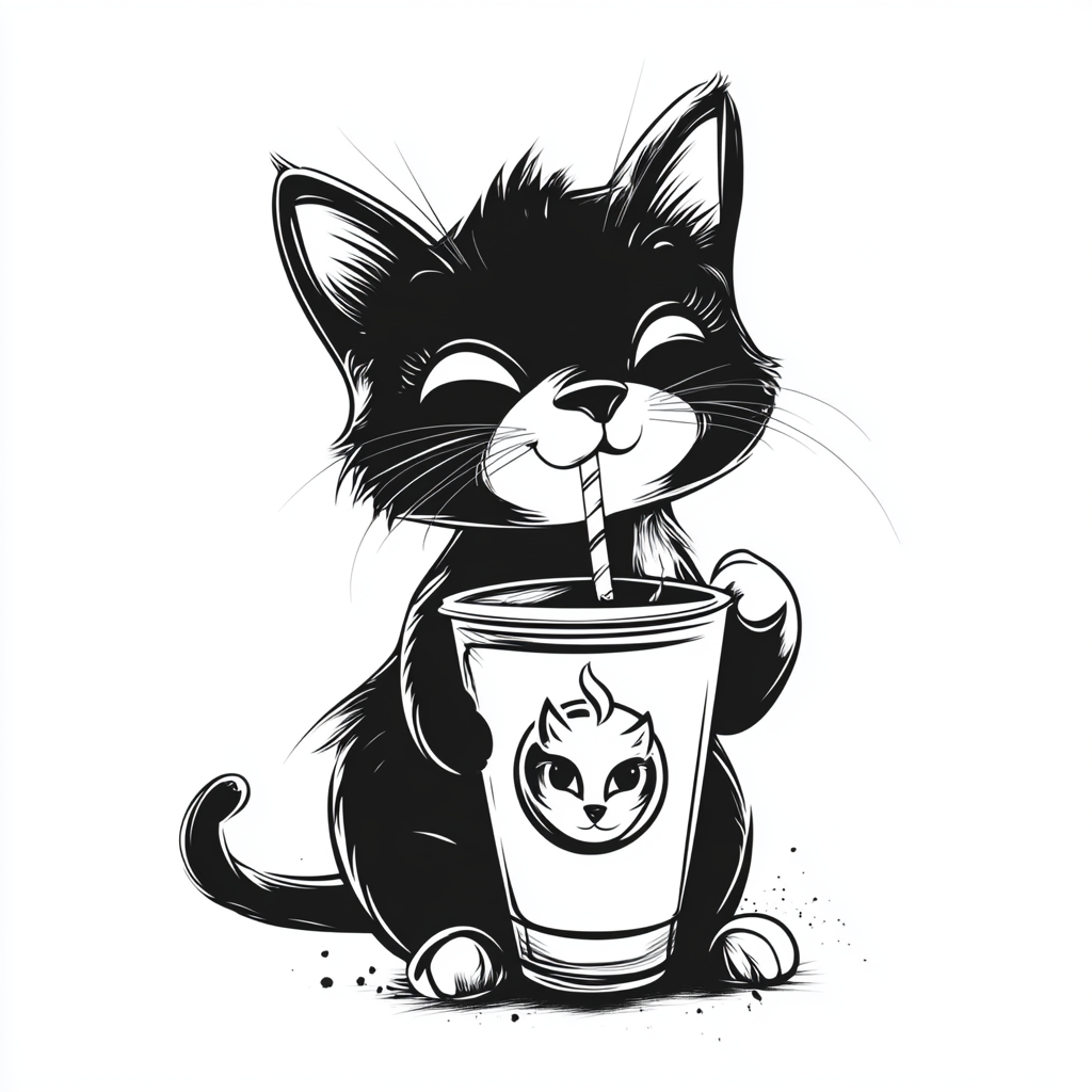 A satisfied cat enjoying latte in cartoon style