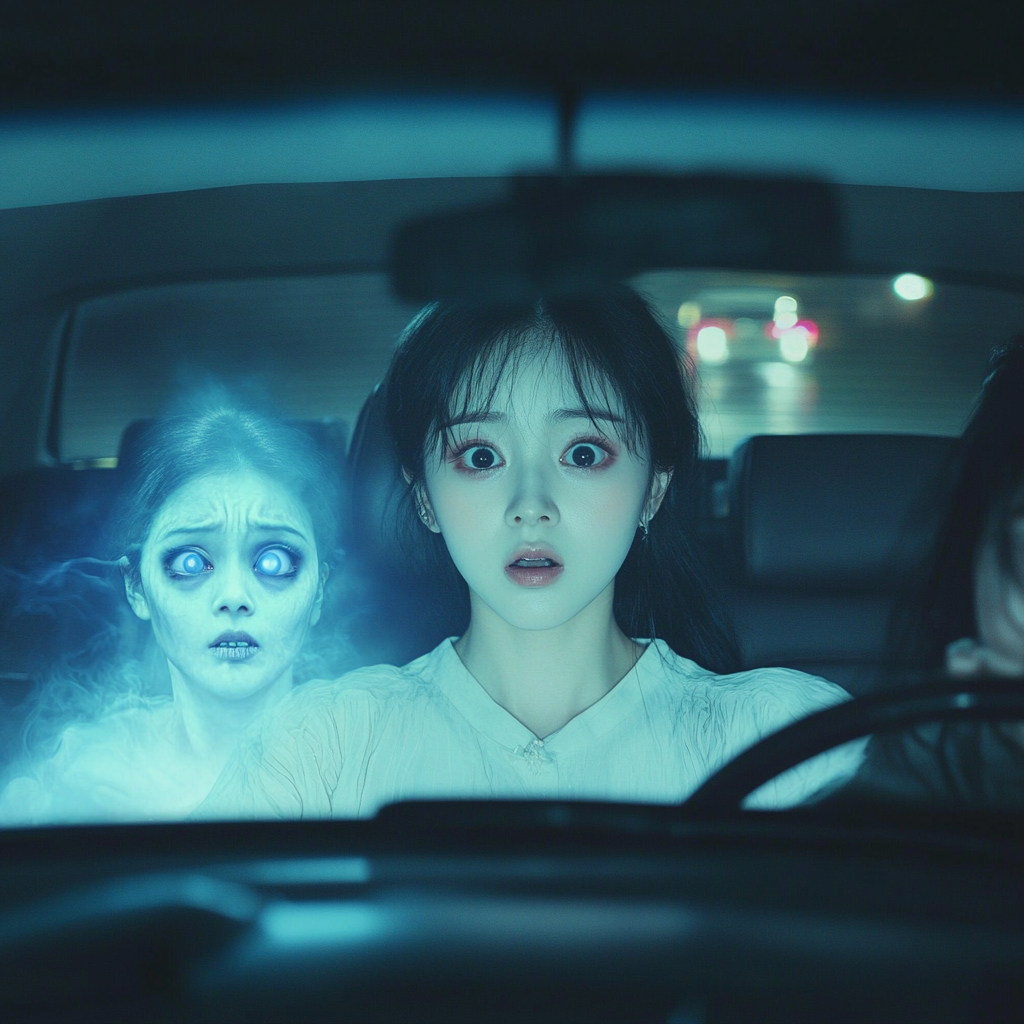 A scared girl in car with floating face.