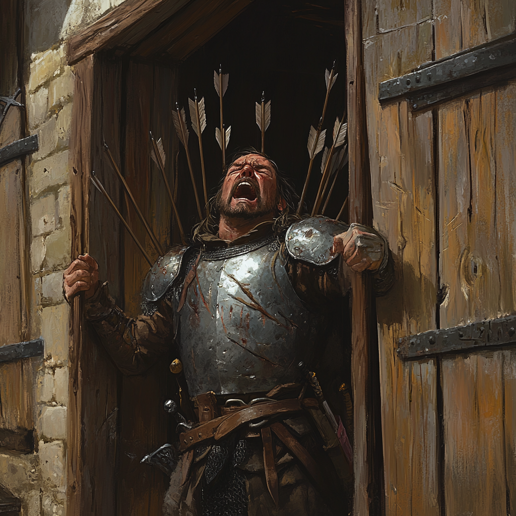 A scared guard at tavern entrance, arrows stuck.