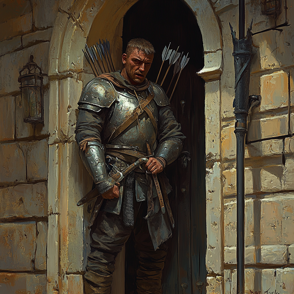 A scared guard in medieval armor at tavern entrance.