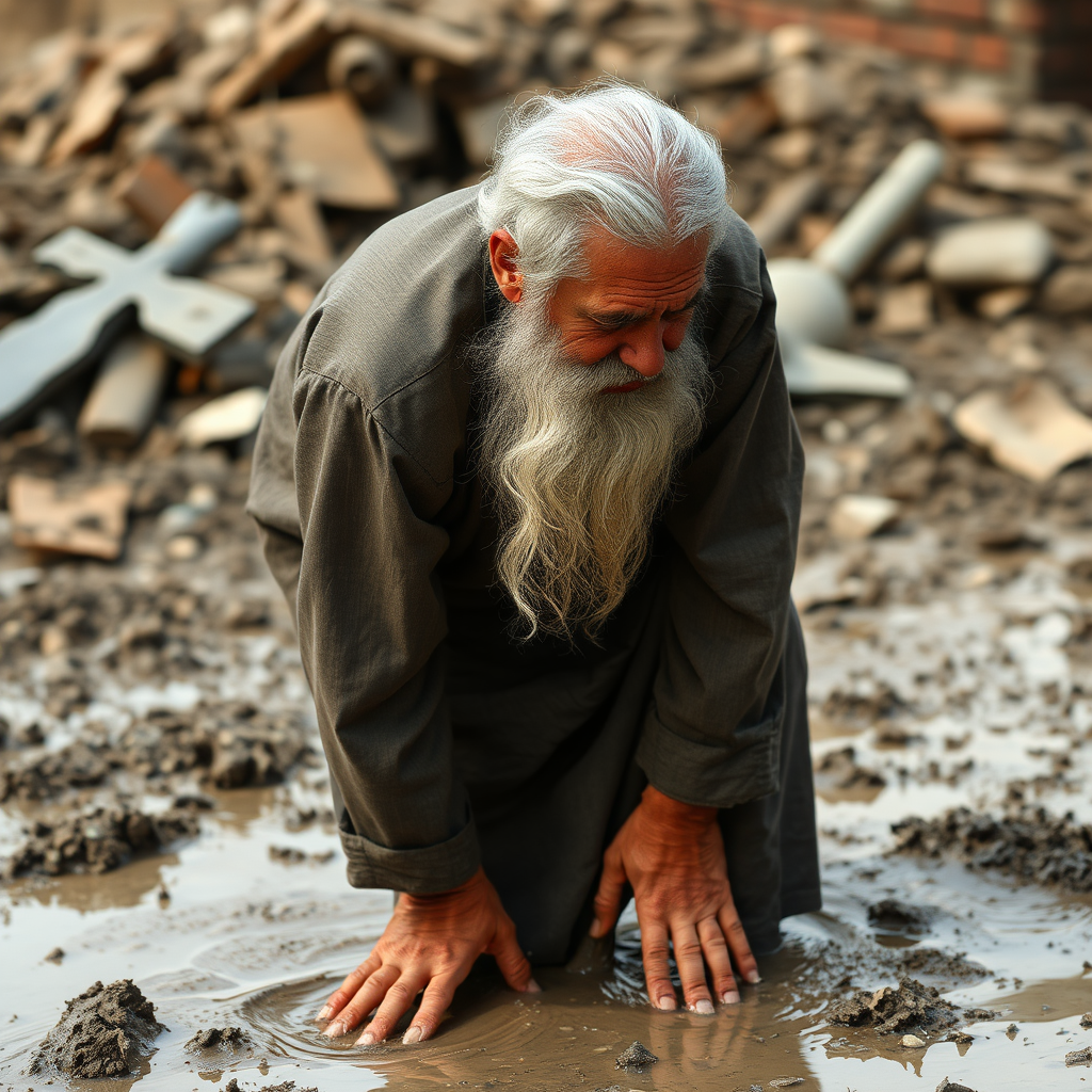 A scared mullah standing in mud after explosion.