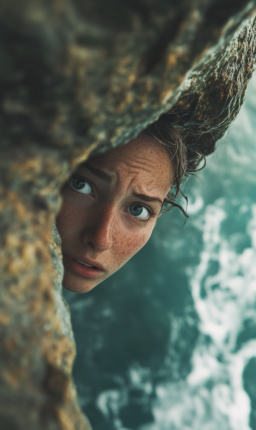 A scared person hanging above stormy sea.