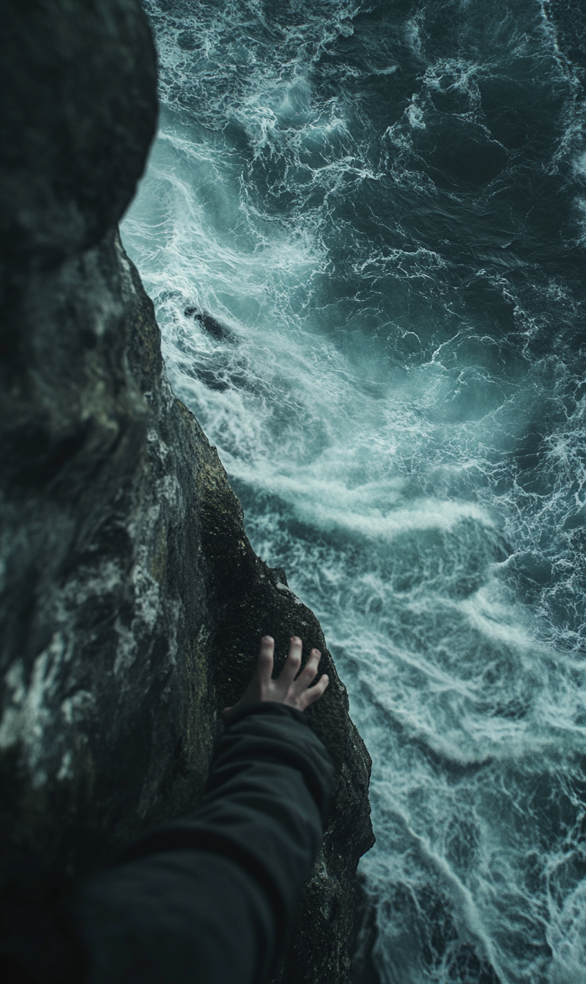 A scared person held on cliff edge.