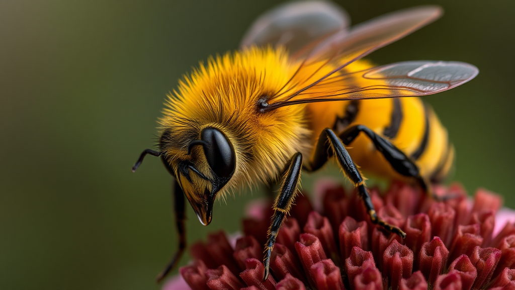 A scary bee with yellow and black stripes.