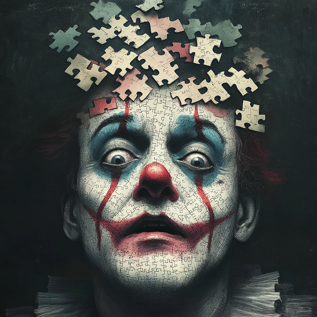 A scary clown dissolving into puzzle pieces.