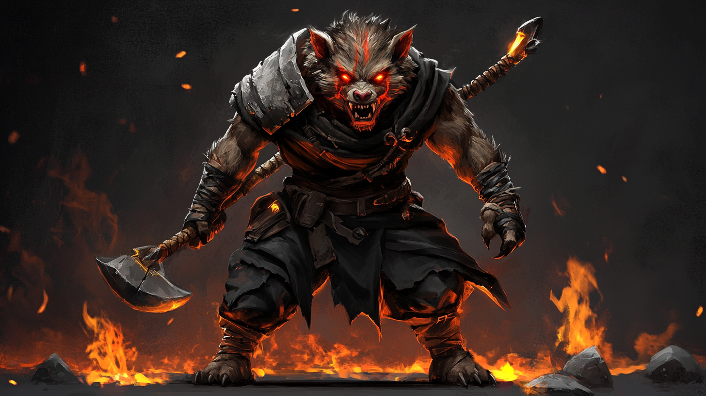 A scary demon creature in black rags, fiery background