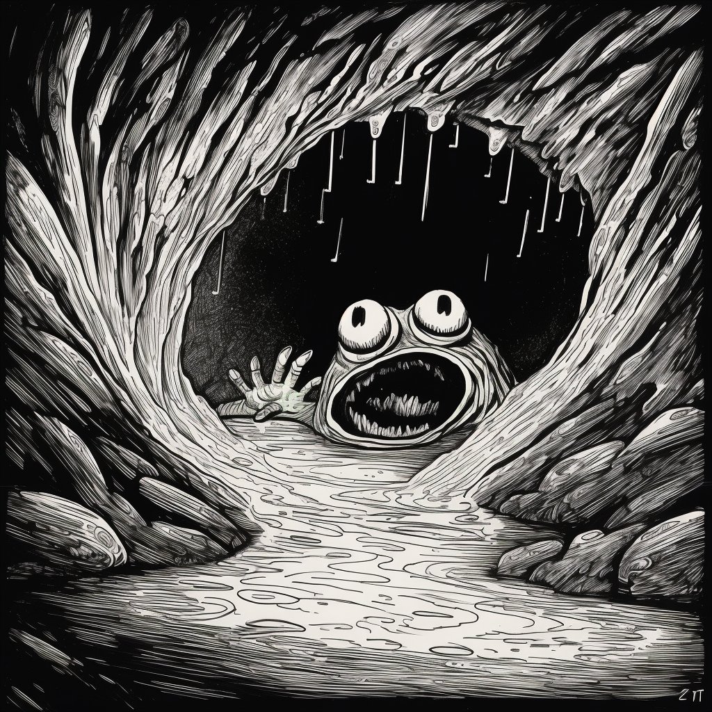 A scary frog falling into dark pit.