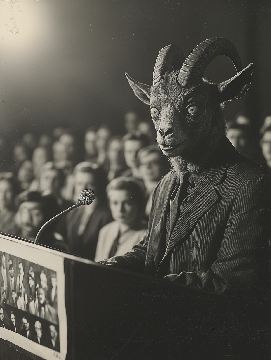 A scary man in goat suit giving speech.