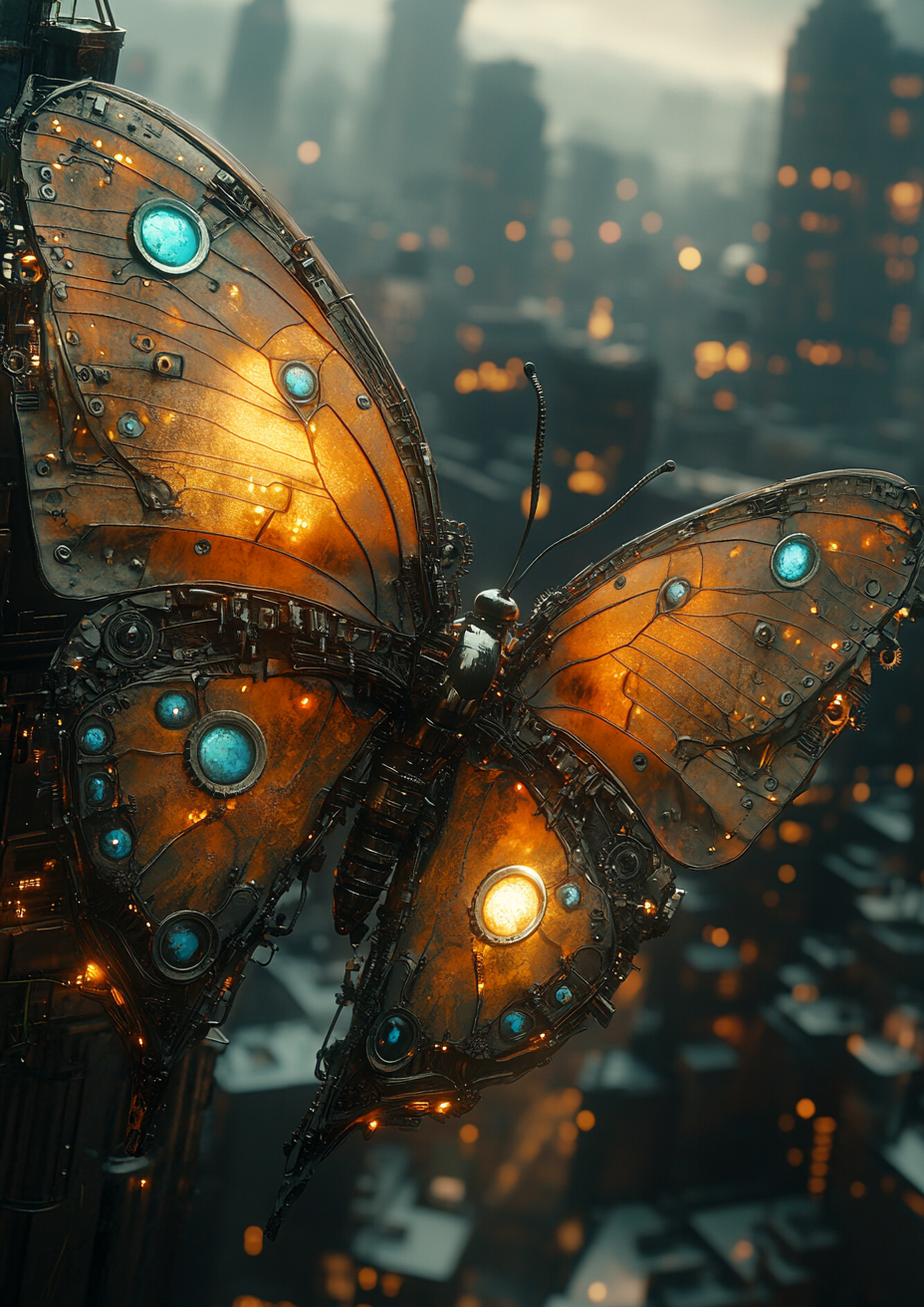 A scary mechanical butterfly super villain in city