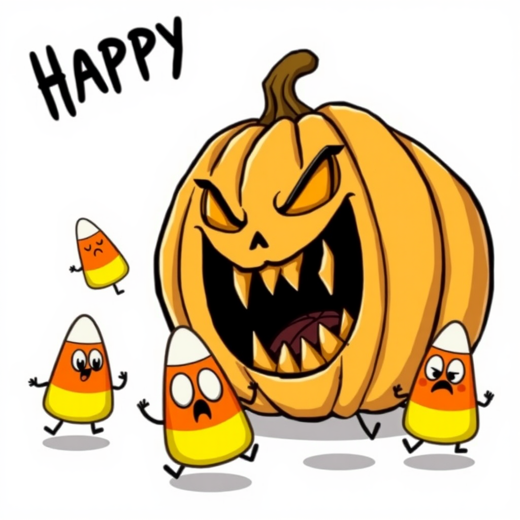 A scary pumpkin chases candy corn friends.