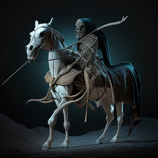 A scary skeleton on a horse with a bow