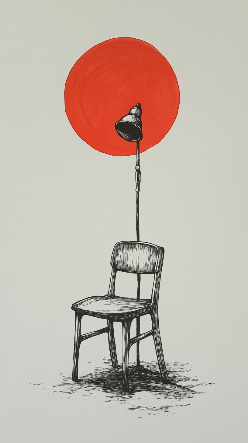 A scary vintage lamp on old chair, linocut style.