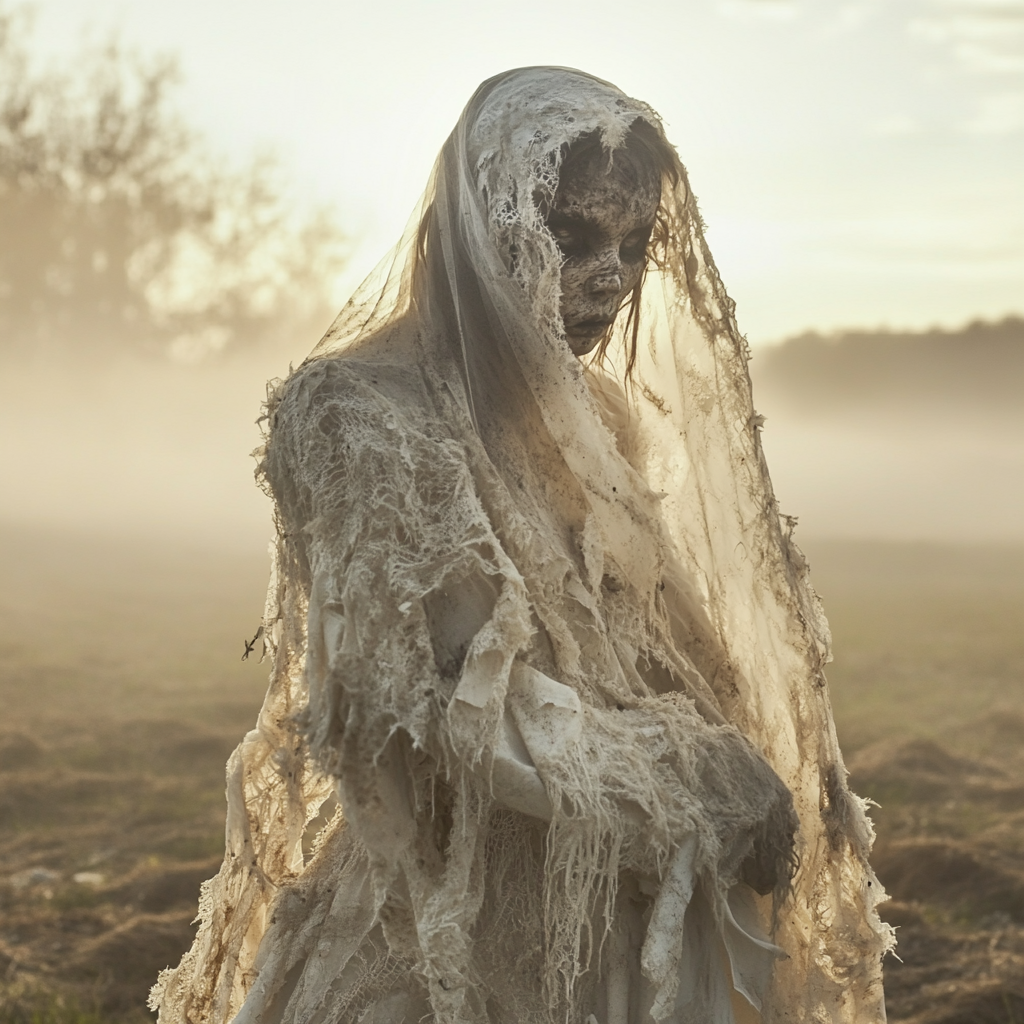 A scary zombie bride in torn gown at sunrise.