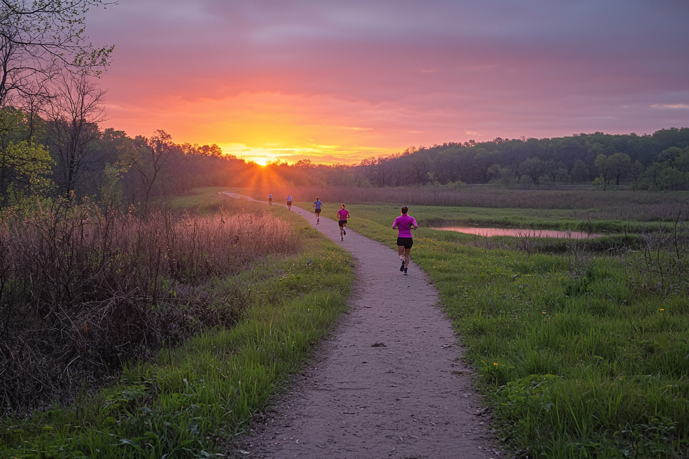 A scenic nature path with runners at sunrise