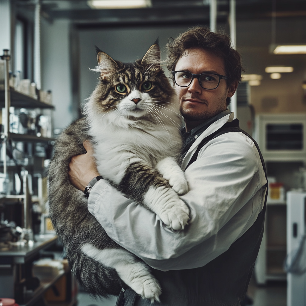 A scientist holding a giant cat in lab.