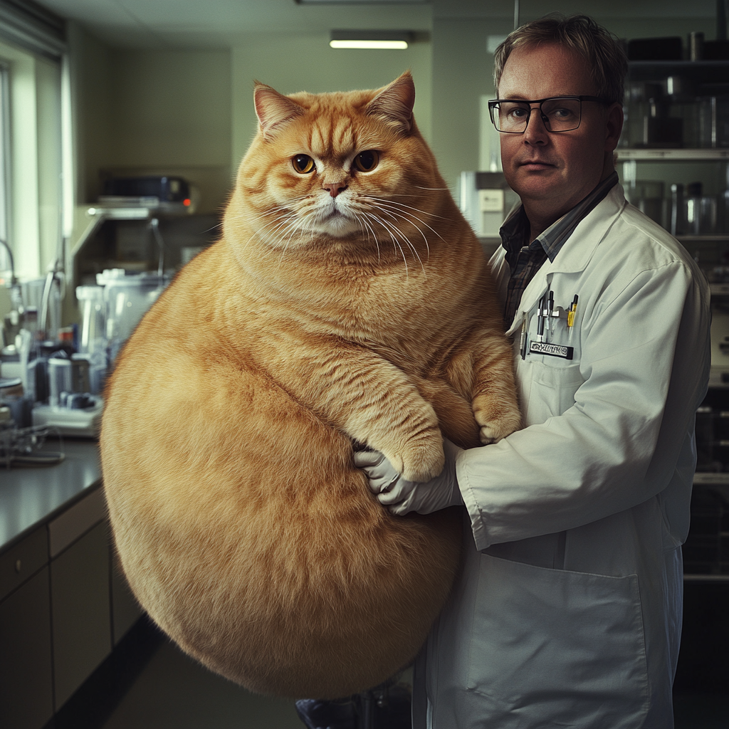 A scientist holding a giant round cat in lab.