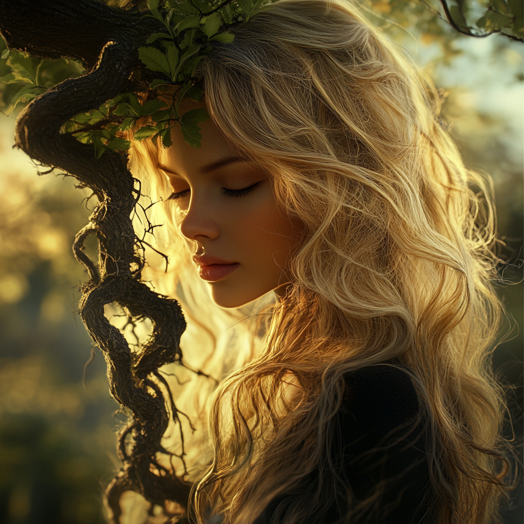 A secure woman with long blond hair, roots intertwining.