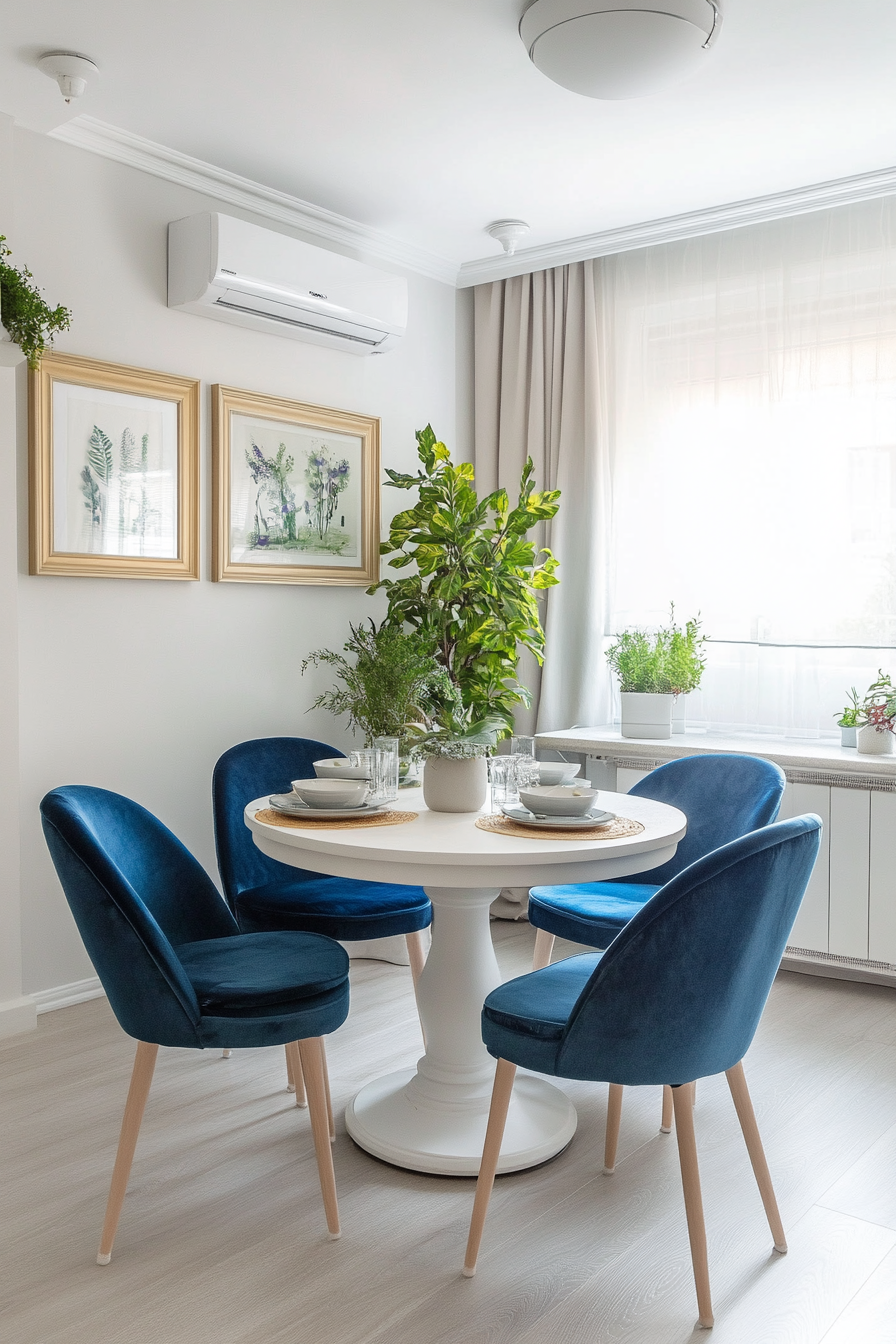 A serene Scandinavian kitchen with blue velvet chairs.