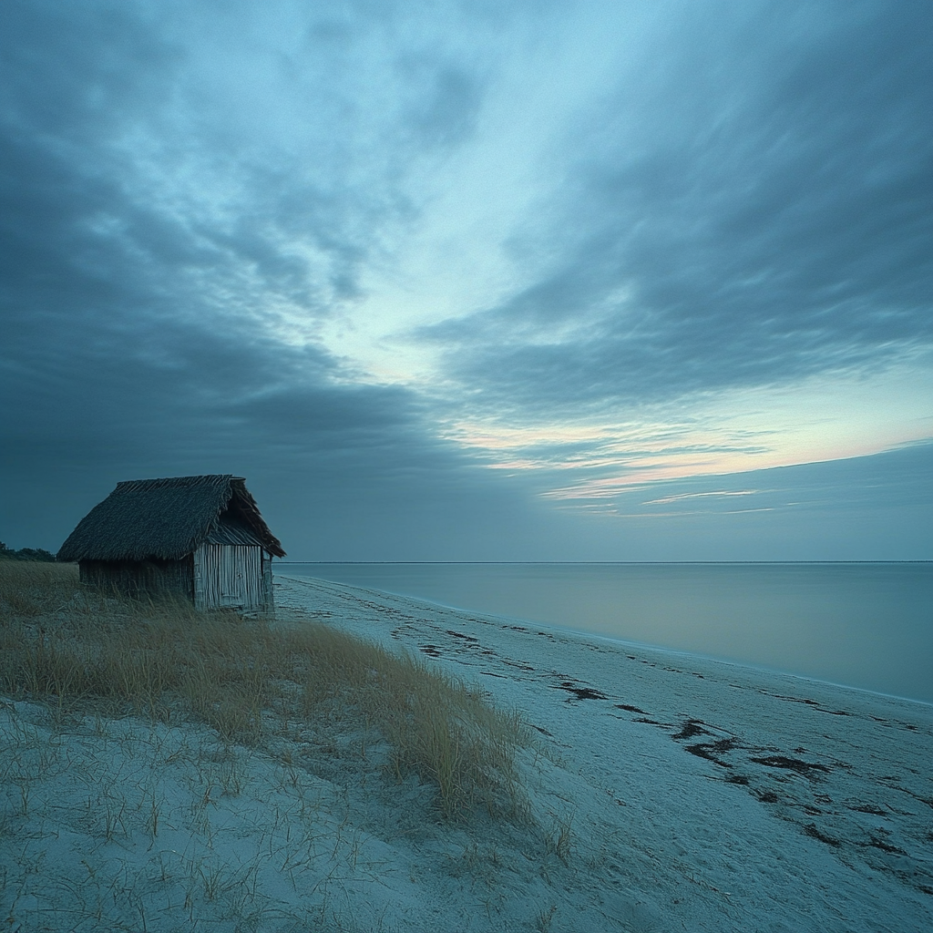 A serene beach scene at dusk with a hut.