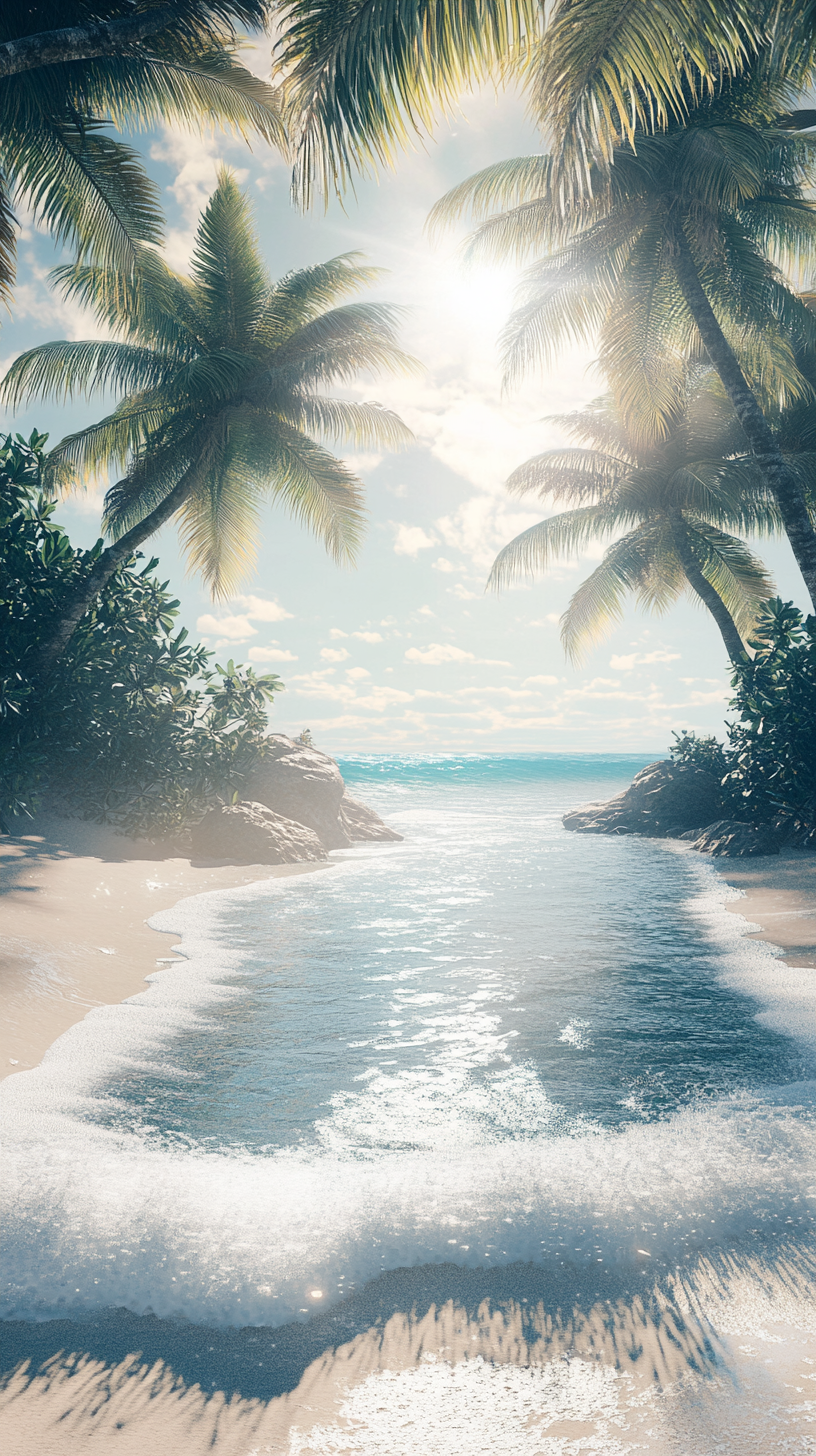 A serene beach scene with sparkling sunlight.