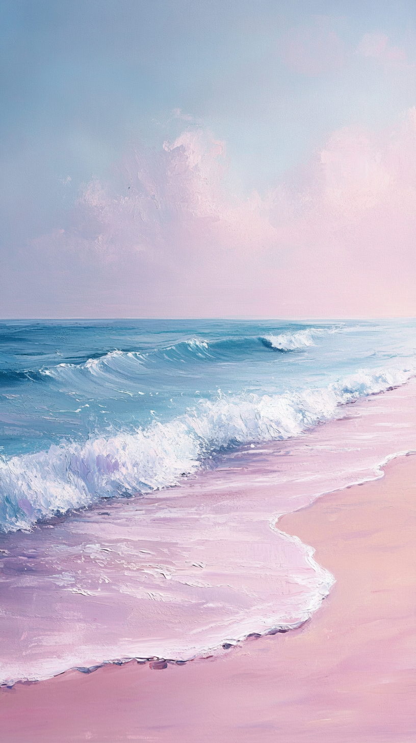 A serene beach with gentle waves and pastel colors