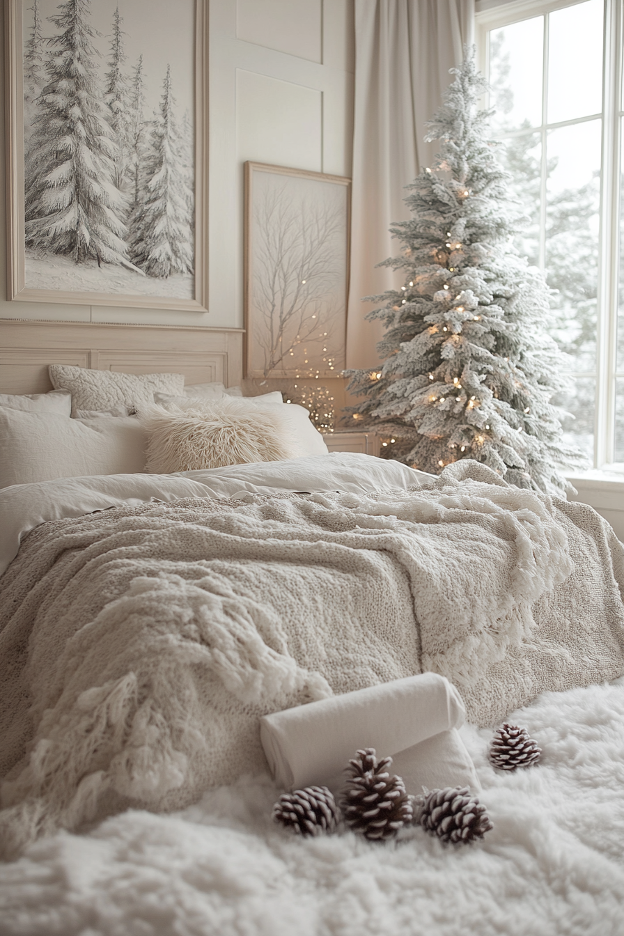 A serene bedroom with Frosted Forest Christmas decor