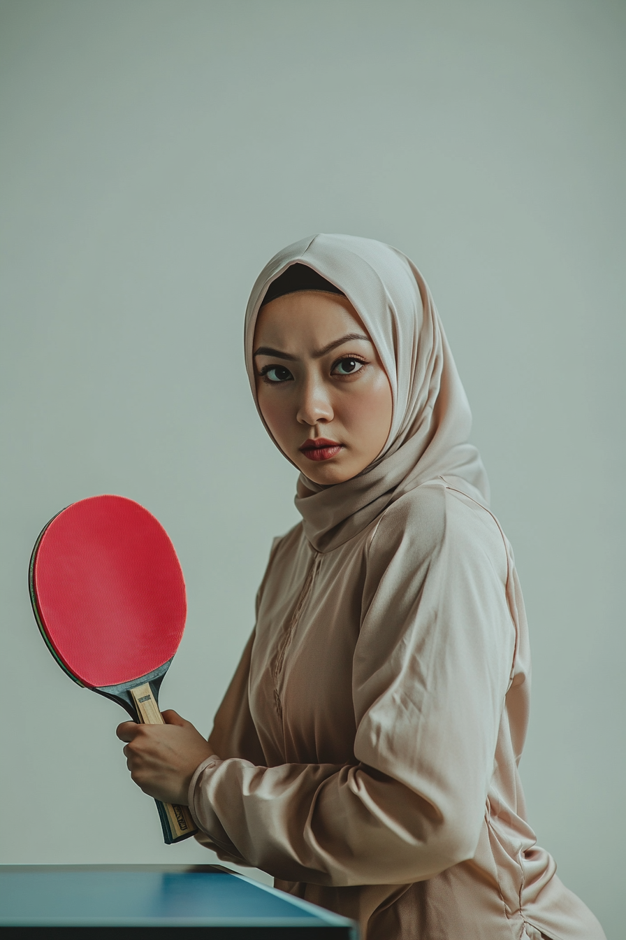 A serious Malay woman holding a table tennis racquet.