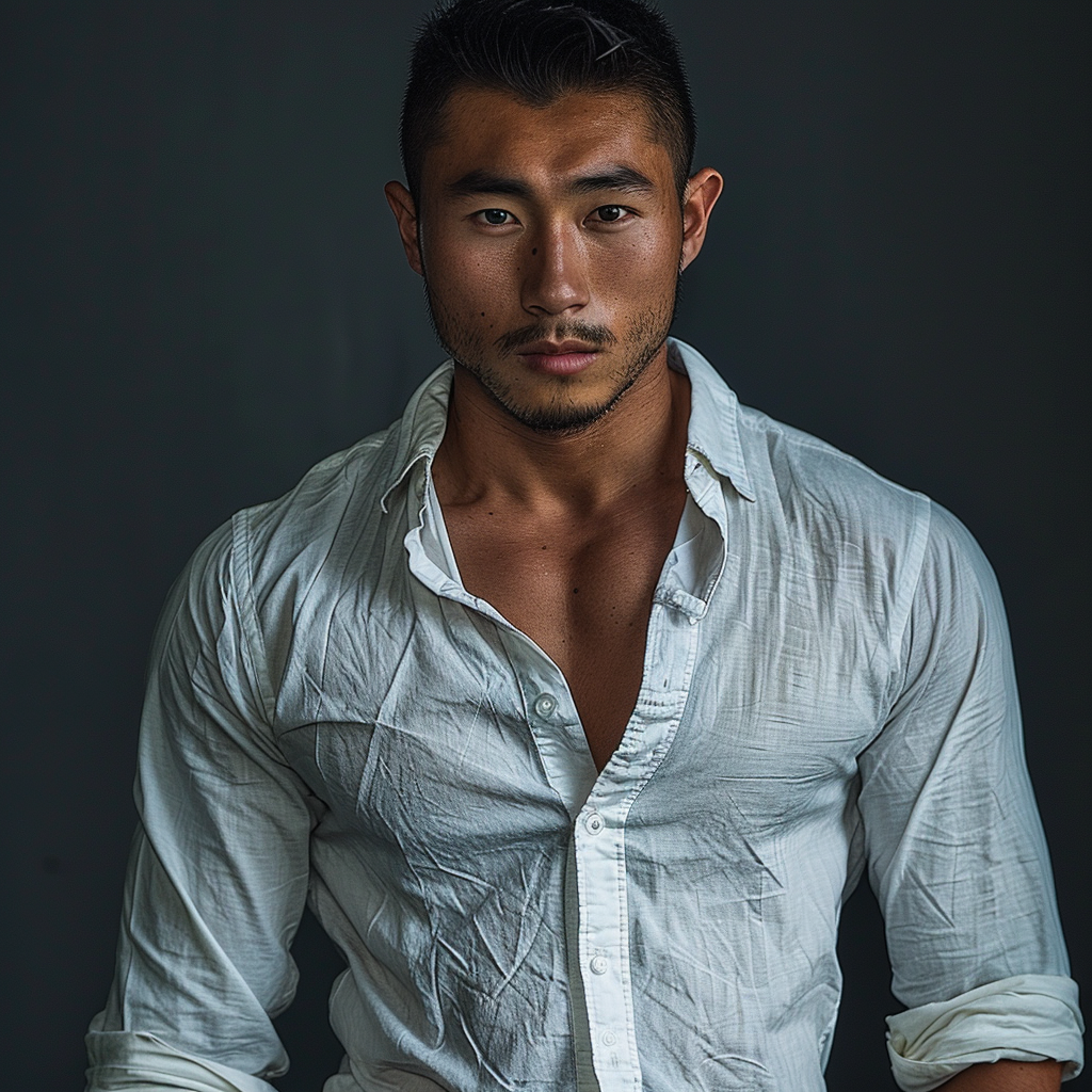 A serious Vietnamese body builder in vintage shirt.